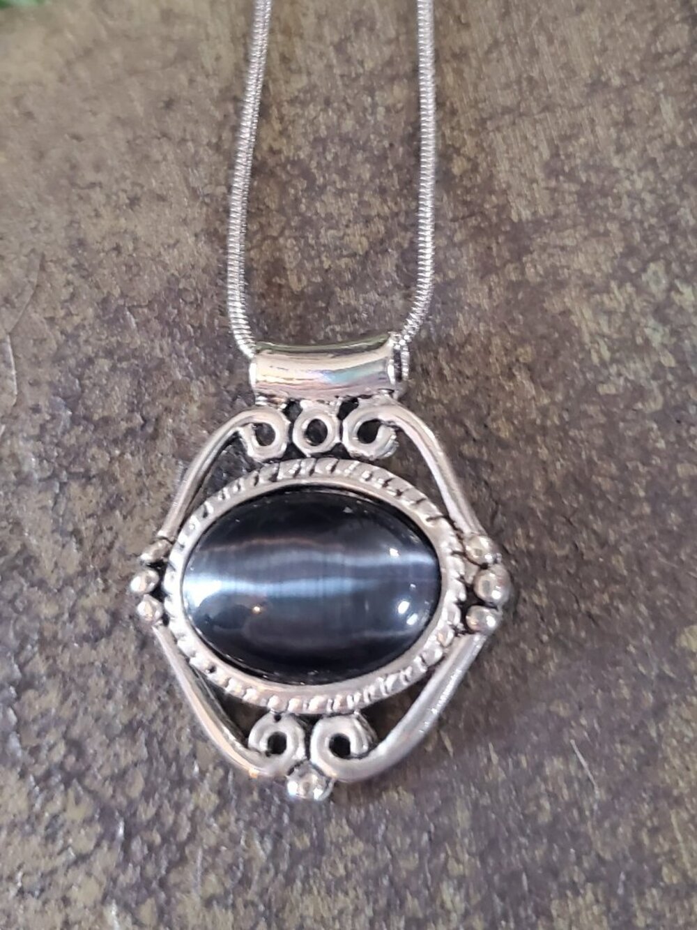 Vintage Silver Tone with Black Stone Necklace Snake Chain